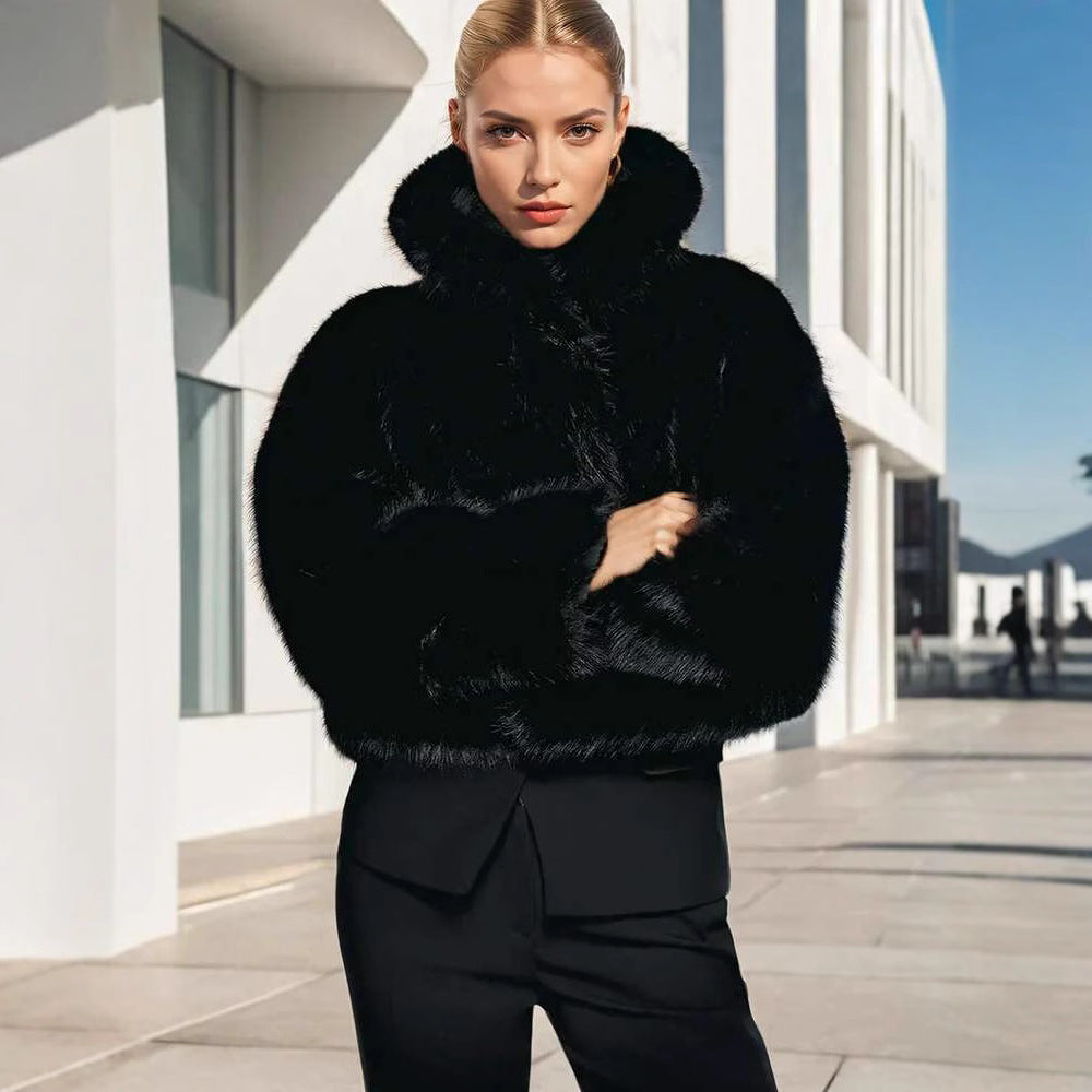 Women's Short Hooded Faux Fur Jacket with Dense Pile, Boxy Silhouette and Elastic Hem Fashion Glam