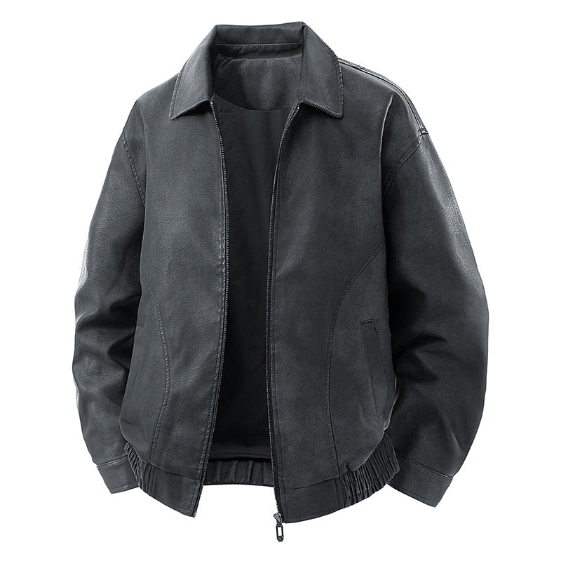 Men's leather bomber jacket with zipper and elastic hem Fashion Glam