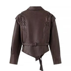 Ladies leather jacket with wrap belt, asymmetrical hem and decorative eyelets Fashion Glam