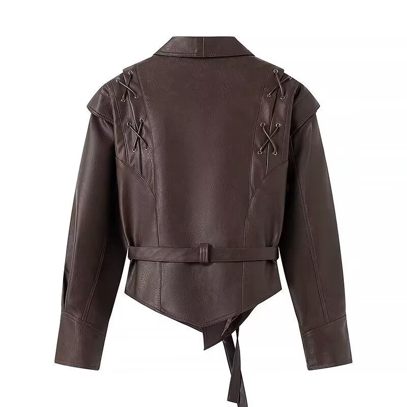 Ladies leather jacket with wrap belt, asymmetrical hem and decorative eyelets Fashion Glam