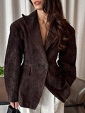 Women Tailored Velvet Imitation Blazer with Double Breasted and Patch Pockets Fashion Glam