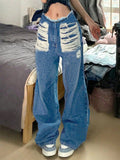 Women's high-cut wide denim jeans with heavily distressed front and raw waistband Fashion Glam