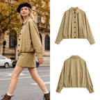 Women's Lightweight Cropped Bomber Jacket with Button Placket and Elastic Hem Fashion Glam
