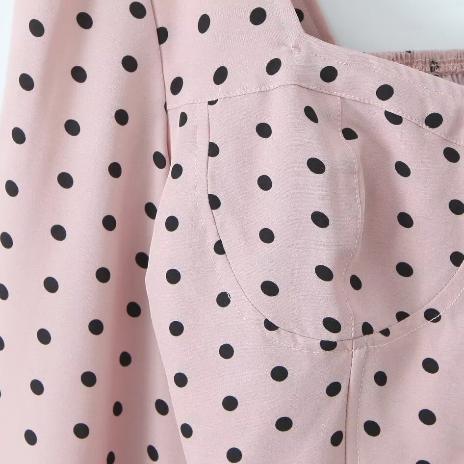 Ladies Polka Dot Bustier Crop Top with Puff Sleeves and Square Neckline Fashion Glam