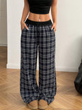 Women Checked Relaxed Pants with Wide Leg, Ribbed Waistband and Pockets Fashion Glam
