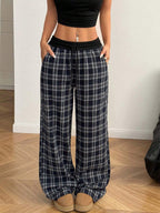 Women Checked Relaxed Pants with Wide Leg, Ribbed Waistband and Pockets Fashion Glam