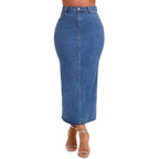 Women High-Waisted Stretch Denim Midi Skirt with Visible Center Seam and Five-Pocket Design Fashion Glam
