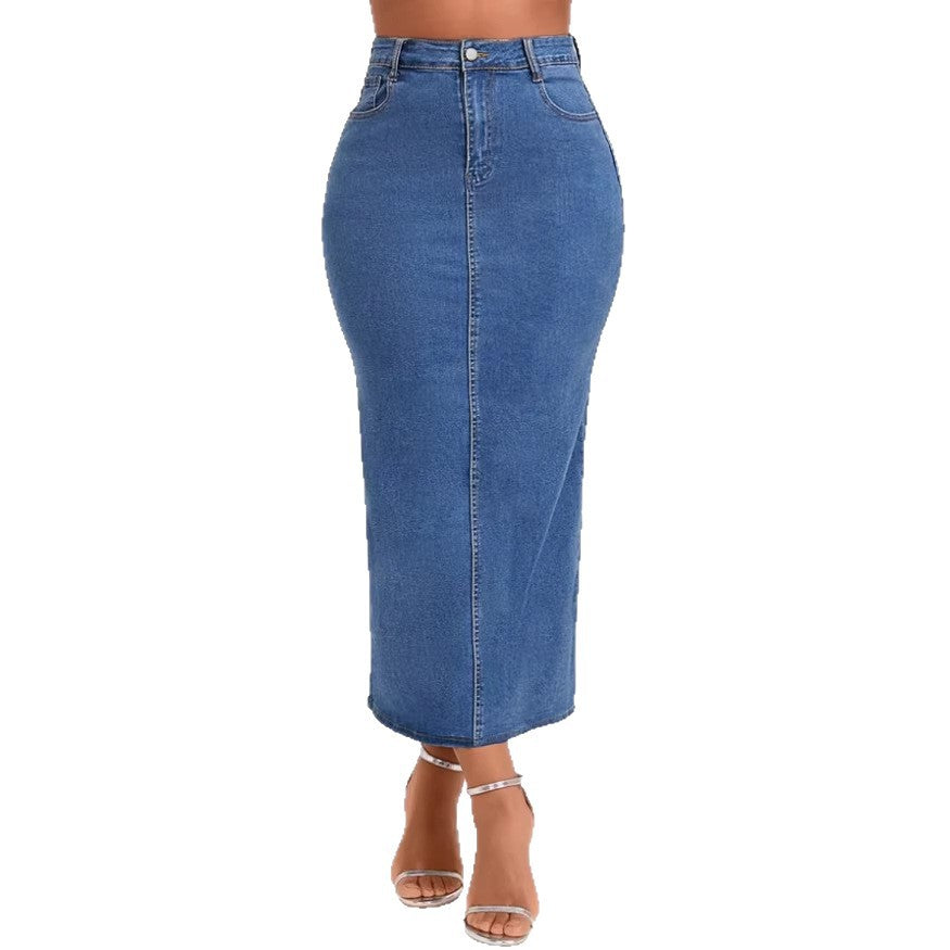 Women High-Waisted Stretch Denim Midi Skirt with Visible Center Seam and Five-Pocket Design Fashion Glam