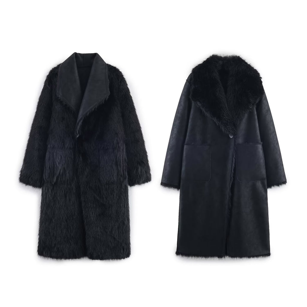 Women Longer Reversible Faux Fur Coat with Oversized Shawl Collar and Patch Pockets Fashion Glam