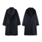 Women Longer Reversible Faux Fur Coat with Oversized Shawl Collar and Patch Pockets Fashion Glam