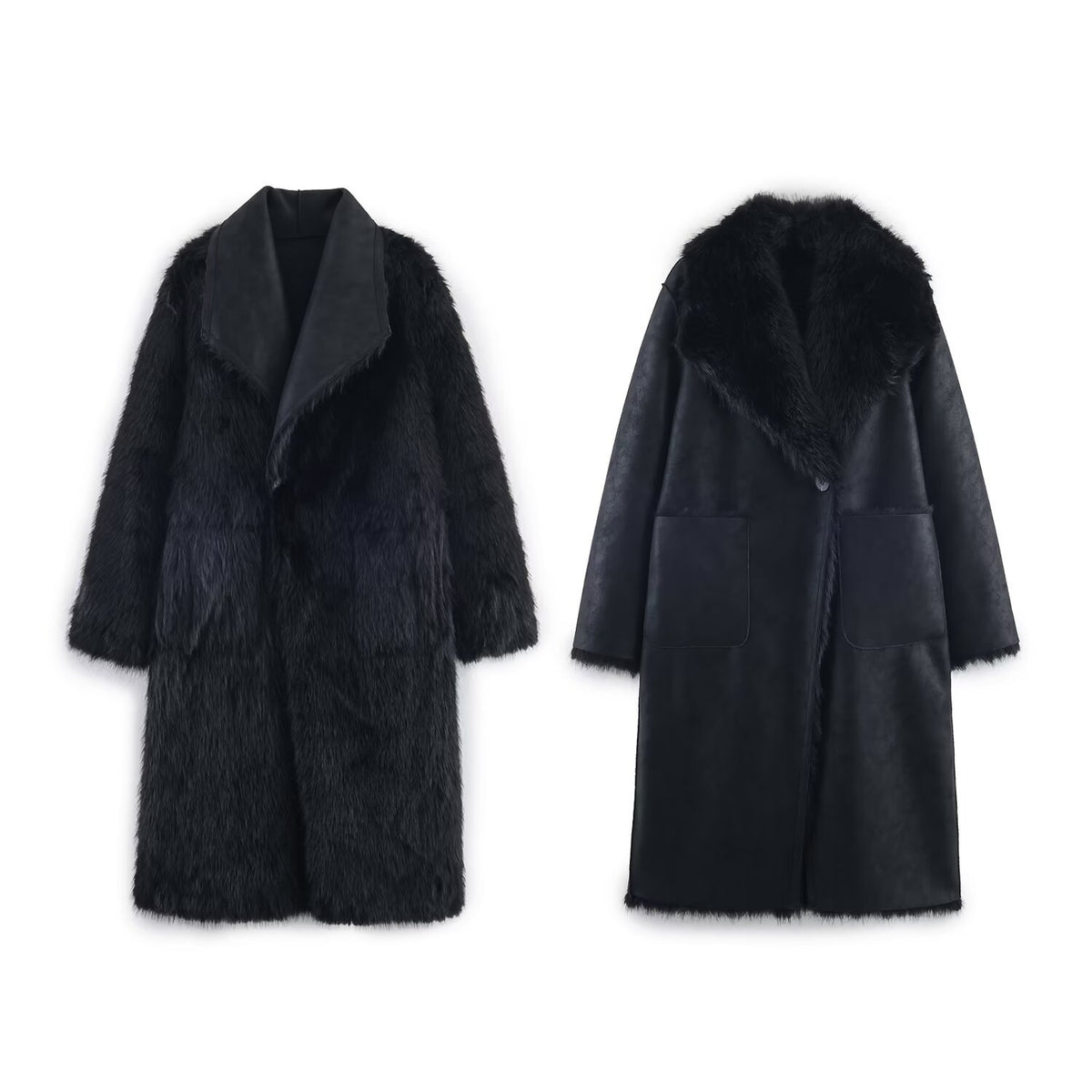 Women Longer Reversible Faux Fur Coat with Oversized Shawl Collar and Patch Pockets Fashion Glam