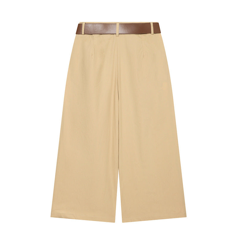 Women's High-Waisted Culotte Pants with Wide Leg, Knife Pleats and Round Buckle Belt Fashion Glam
