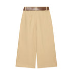 Women's High-Waisted Culotte Pants with Wide Leg, Knife Pleats and Round Buckle Belt Fashion Glam