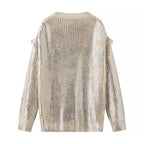 Women's Shimmering Oversized Knit Sweater with Cut-Out Shoulders Fashion Glam