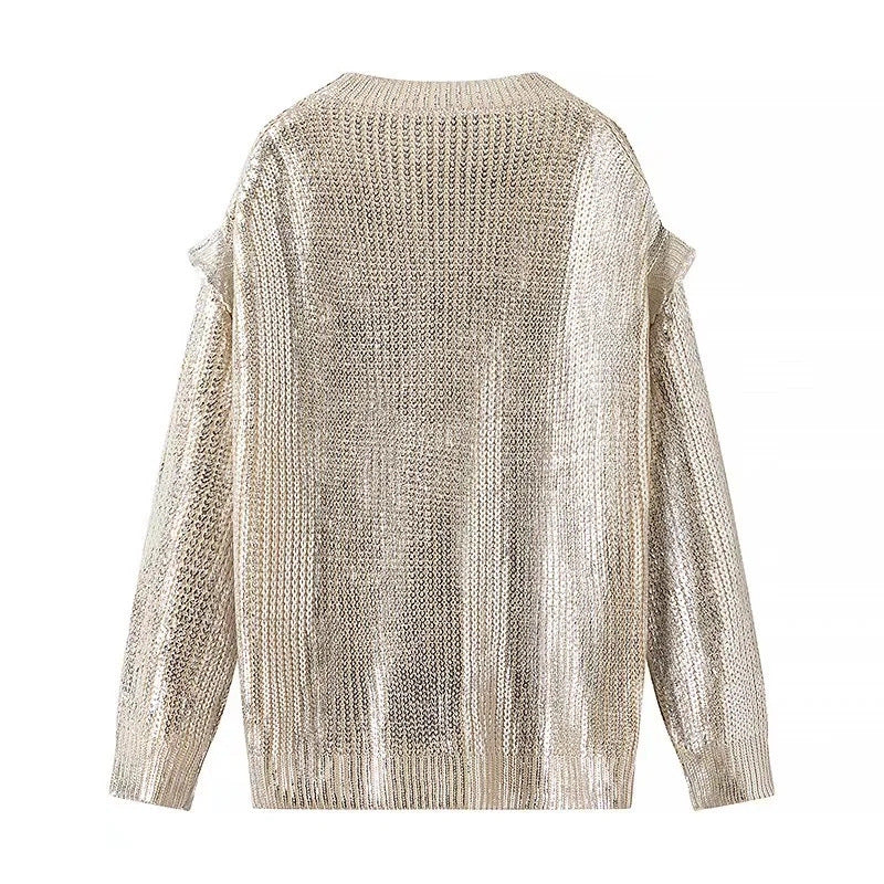 Women's Shimmering Oversized Knit Sweater with Cut-Out Shoulders Fashion Glam