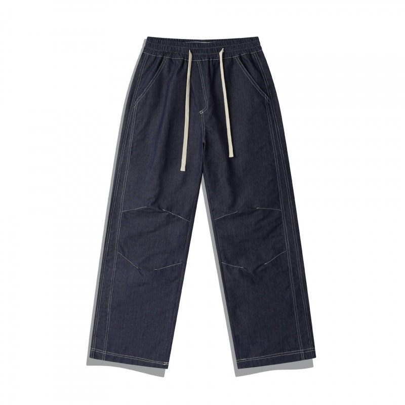 Unisex Wide Denim Pants with Elastic Waistband, Drawstring and Quilted Knee Patch Fashion Glam
