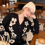Women's Short Cardigan with Leopard Print and Pearl Flower Buttons Fashion Glam