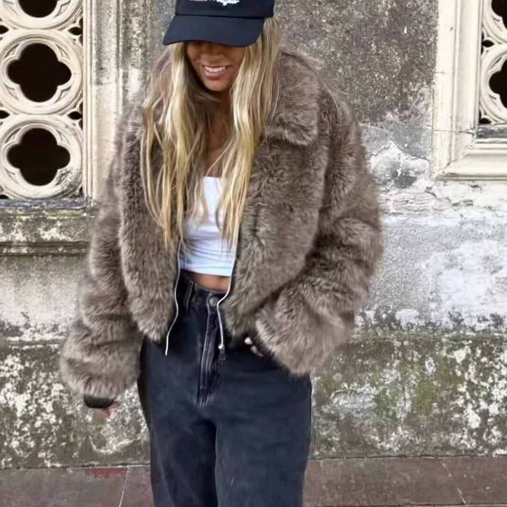 Women's Short Faux Fur Bomber Jacket with Voluminous Shawl Collar and Zipper Fashion Glam