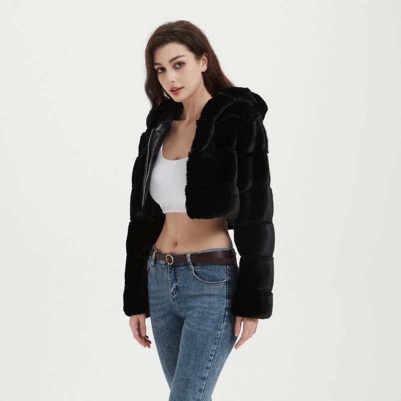 Women's Cropped Faux Fur Jacket with Quilted Panel Design and Hood Fashion Glam