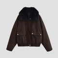 Women's Oversize Bomber Jacket made of Suede Imitation with Large Faux Fur Collar Fashion Glam