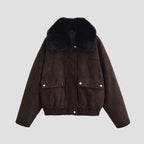 Women's Oversize Bomber Jacket made of Suede Imitation with Large Faux Fur Collar Fashion Glam