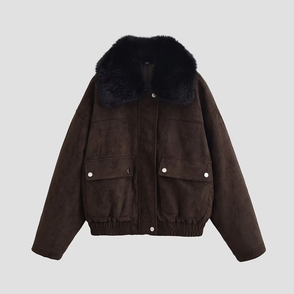 Women's Oversized Aviator Jacket made of Suede Leather Imitation with Large Faux Fur Collar Fashion Glam