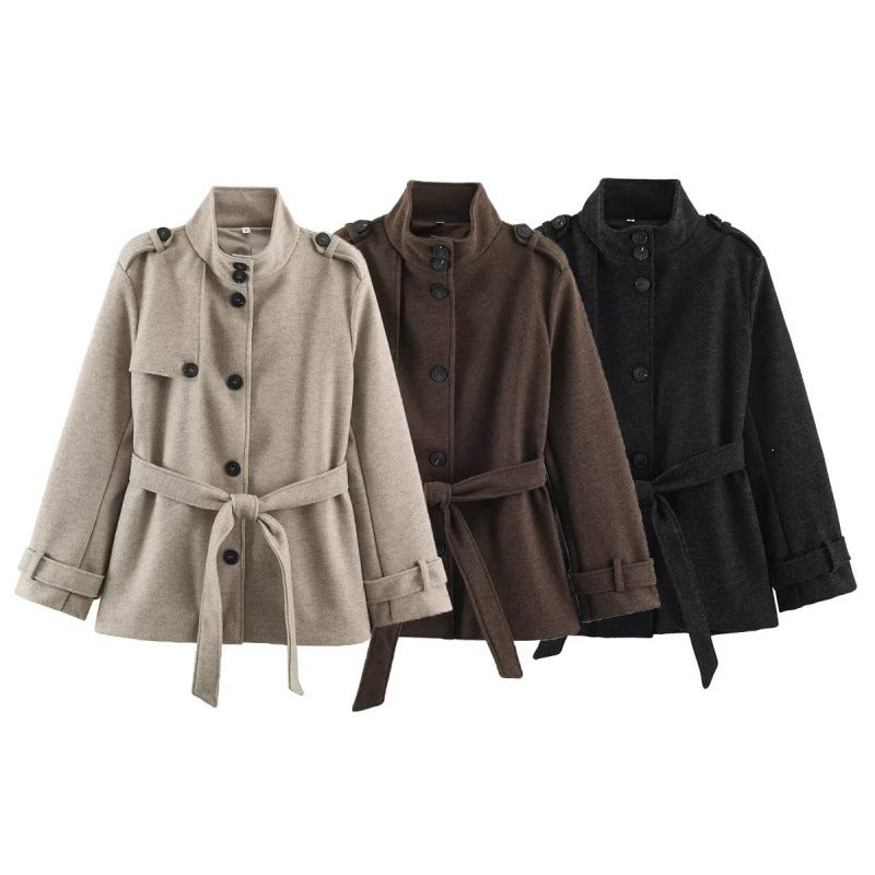 Women Short fitted coat with stand-up collar, shoulder straps and tie belt Fashion Glam