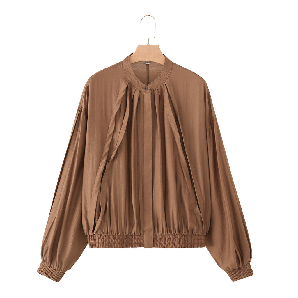 Women’s lightweight blouson jacket with pleated front, stand-up collar, and elastic hem Fashion Glam