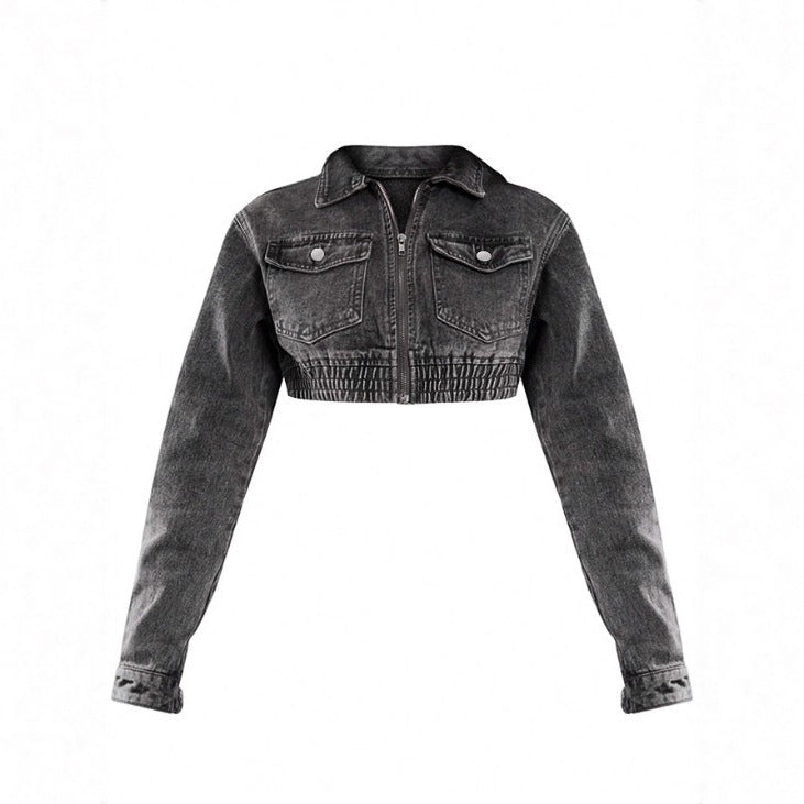 Women's Cropped Denim Set consisting of jacket and midi skirt with zipper, elastic waistband & cargo pockets Fashion Glam