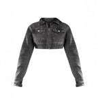 Women's Cropped Denim Set consisting of jacket and midi skirt with zipper, elastic waistband & cargo pockets Fashion Glam