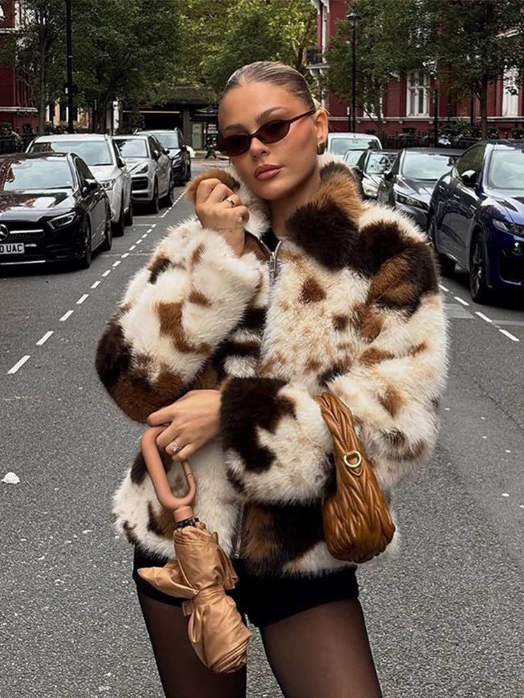 Women's Short Patchwork Faux Fur Jacket with Zipper and Boxy Silhouette Fashion Glam