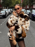 Women's Short Patchwork Faux Fur Jacket with Zipper and Boxy Silhouette Fashion Glam
