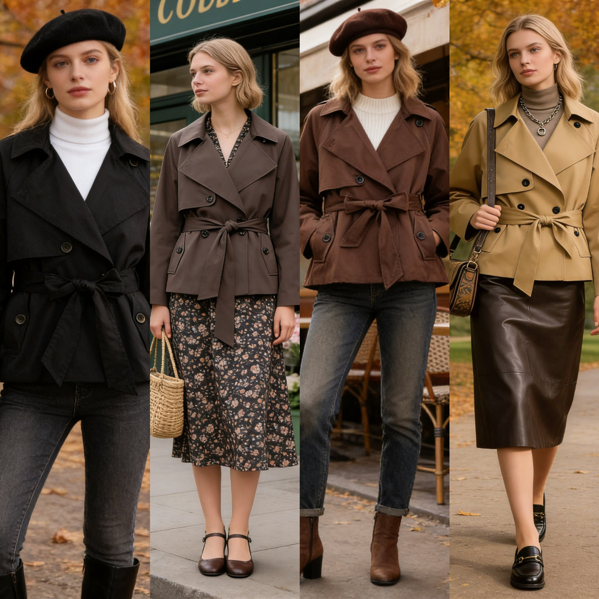 Women Cropped Waist Belt Trench Coat with Wide Lapels and Flap Pockets Fashion Glam