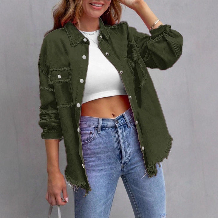 Women Casual Oversized Denim Shirt Jacket with Raw Hem and Patch Pockets Fashion Glam