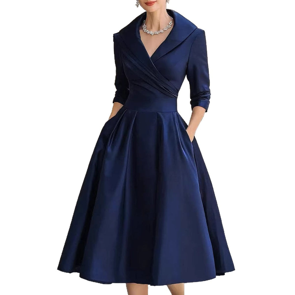 Women's Elegant Satin Midi Dress with Wrap Top, Mid-Length Sleeves and Side Pockets Fashion Glam