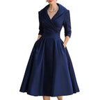 Women's Elegant Satin Midi Dress with Wrap Top, Mid-Length Sleeves and Side Pockets Fashion Glam