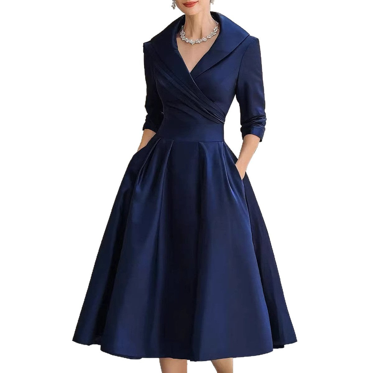 Women's Elegant Satin Midi Dress with Wrap Top, Mid-Length Sleeves and Side Pockets Fashion Glam