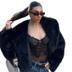 Ladies Short Cropped Faux Fur Jacket with Voluminous Shawl Collar Fashion Glam