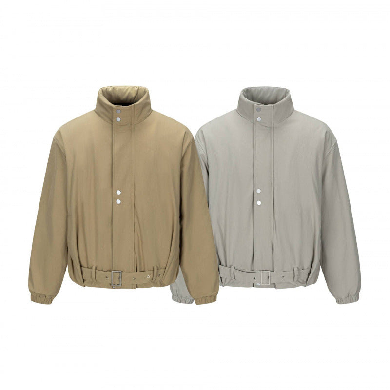Men's short technical jacket with high stand-up collar, waist belt and elastic cuffs Fashion Glam