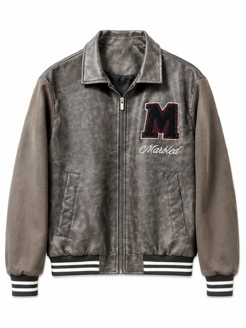 Men's Varsity Bomber Jacket in Vintage Leather Look with Chenille Emblem Fashion Glam