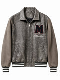 Men's Varsity Bomber Jacket in Vintage Leather Look with Chenille Emblem Fashion Glam