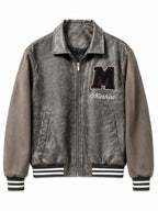 Men's Varsity Bomber Jacket in Vintage Leather Look with Chenille Emblem Fashion Glam