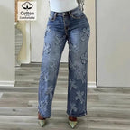Women's high-waisted straight-cut jeans with cross appliqués made of cotton denim Fashion Glam