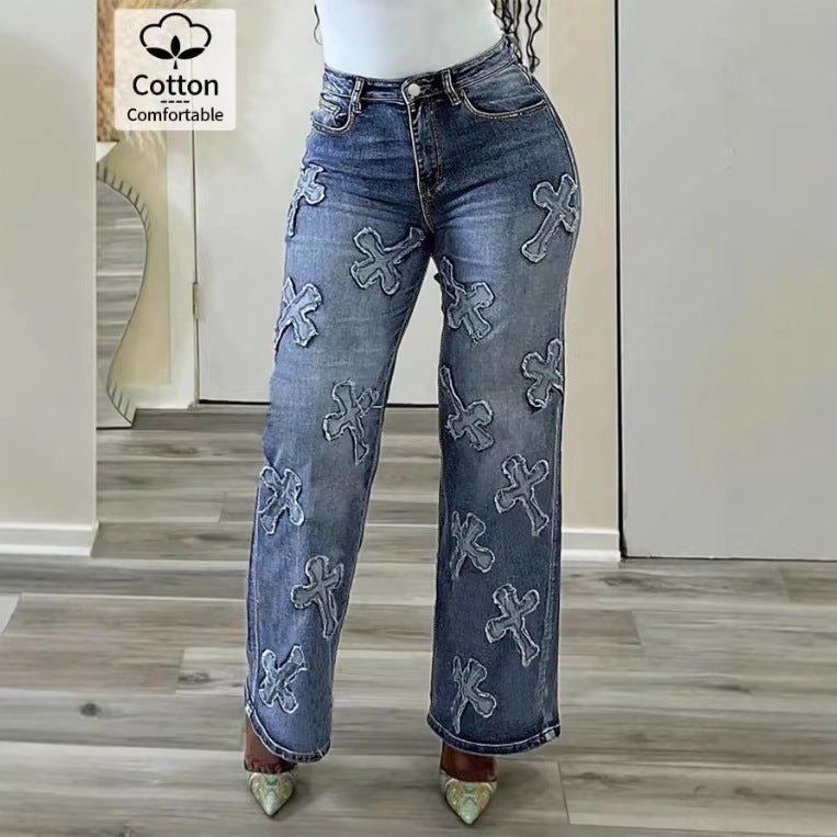 Women's high-waisted straight-cut jeans with cross appliqués made of cotton denim Fashion Glam