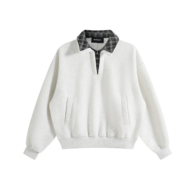 Unisex Oversized Sweatshirt with inset check shirt collar and half zipper Fashion Glam