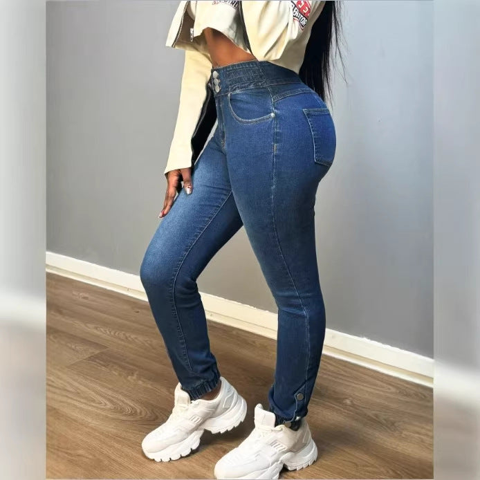 Women high-waisted shaping skinny jeans with double waistband closure and adjustable ankle drawstring Fashion Glam