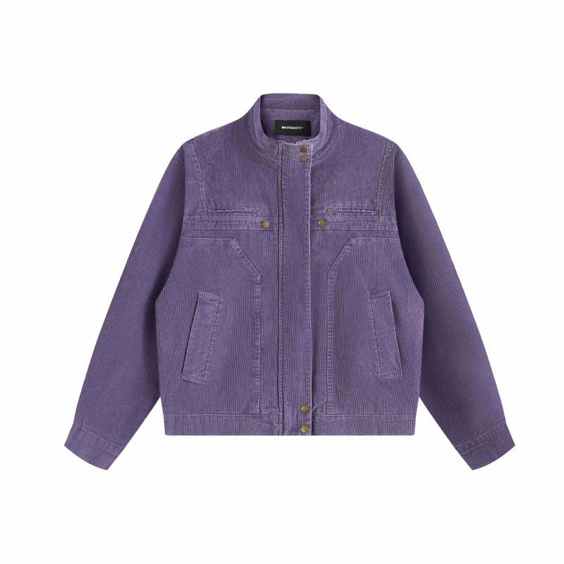 Unisex Cord-Boxy-Jacket with stand-up collar, hidden snap button placket and patch pockets Fashion Glam