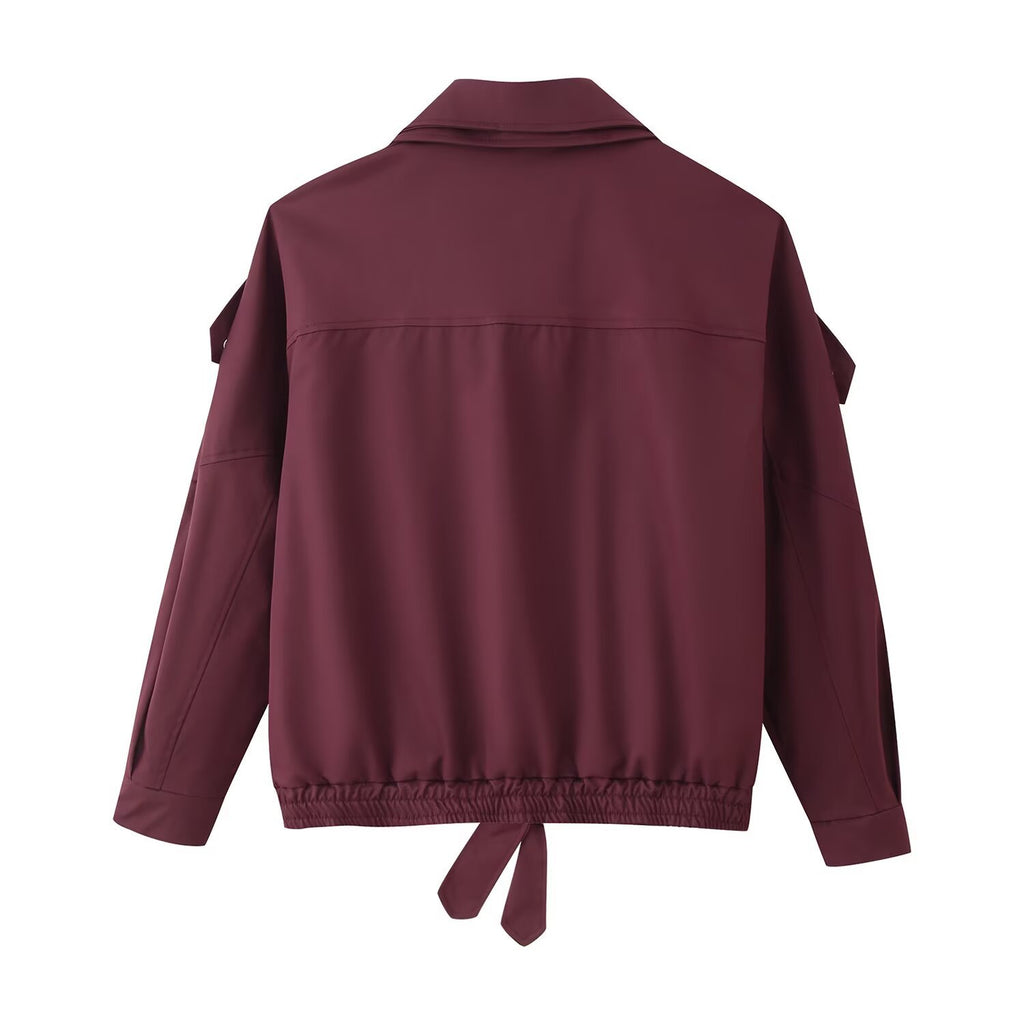 Women's oversized bomber jacket with asymmetric placket front, standing collar, and drawstring hem Fashion Glam