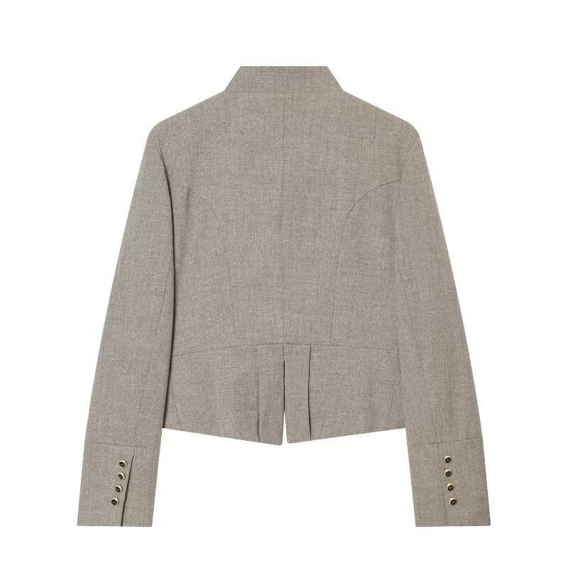 Ladies short blazer in military style with stand-up collar, double-breasted decorative button placket and tailored silhouette Fashion Glam