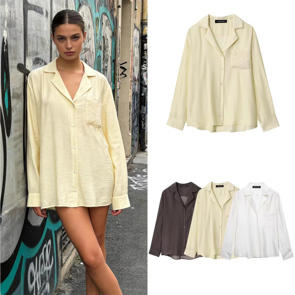 Women's Loose Satin Shirt with Notched Collar and Embroidered Chest Pocket Fashion Glam